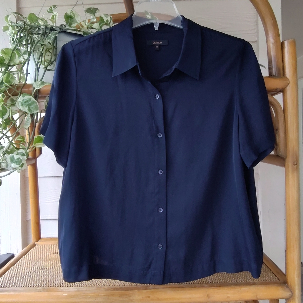 Quince Navy Short-Sleeve Button-Up Blouse
